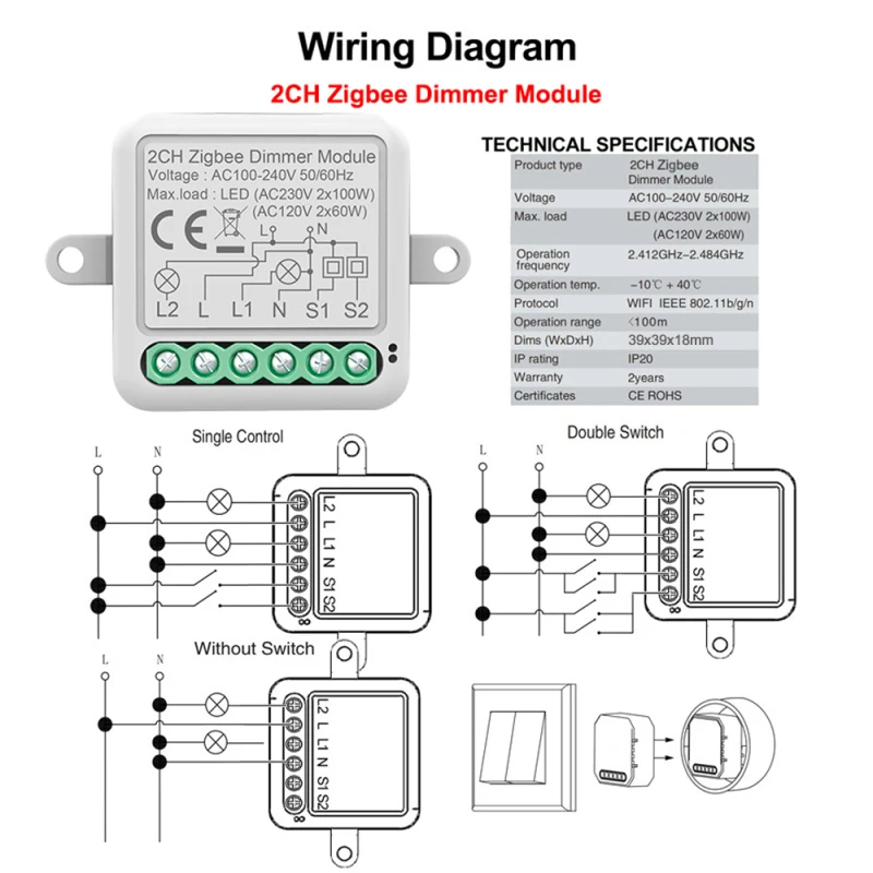 Zigbee Dimmer Switch Module App Remote Control Curtain Switch Works with Alexa Google Home 2 Gang Switch