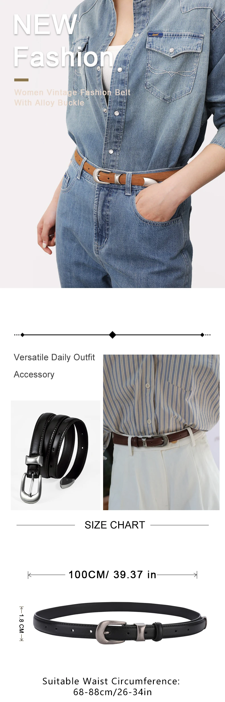 Retro-Silberschnalle, dünner Gürtel für Damen, Rindsledergürtel, schwarze Verzierung, vielseitig kombinierbar mit Jeansjacke, echter Ledergürtel. – Detail 1