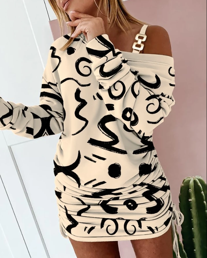 

Women's Dress 2024 Fashion Elegant Vintage Casual Graphic Print Round Neck Long Sleeve Drawstring Ruched Mini Sweatshirt Dress