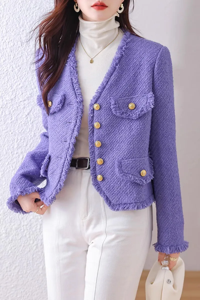 2023 nuove giacche da donna in lana Vintage viola con scollo a v profumate con nappe grezze OL Coat