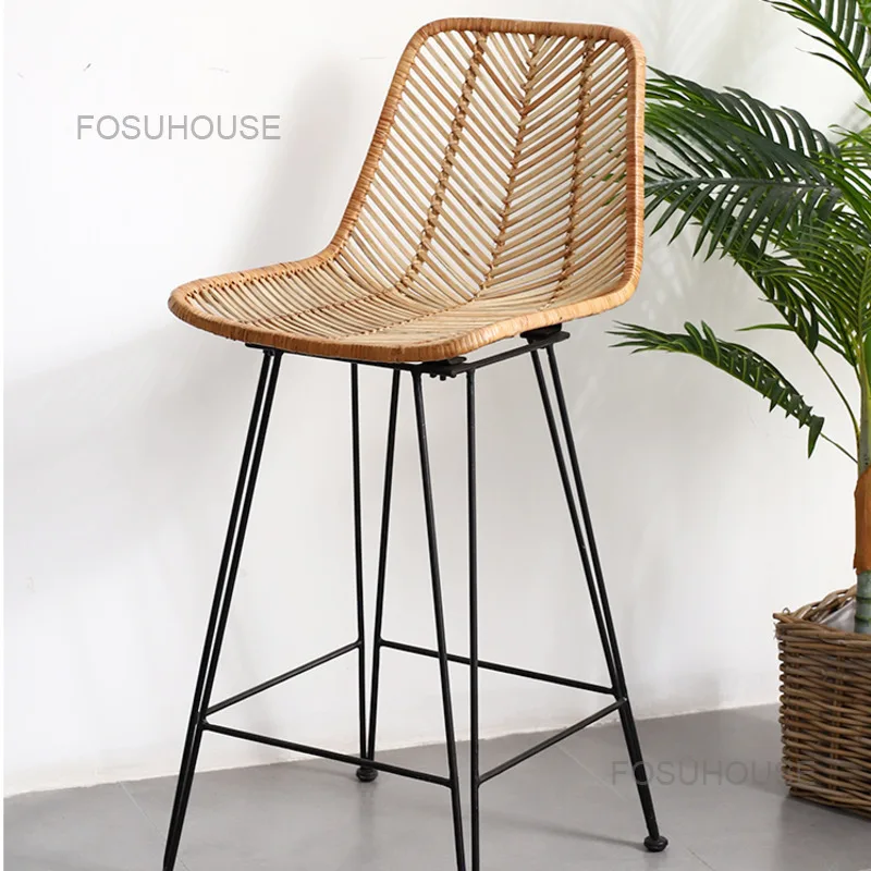 Metal Legs High Bar Stool Rattan Woven Backrest Lounge Minimalist Bar Chairs Dining Designer Moderne Room Furnitures