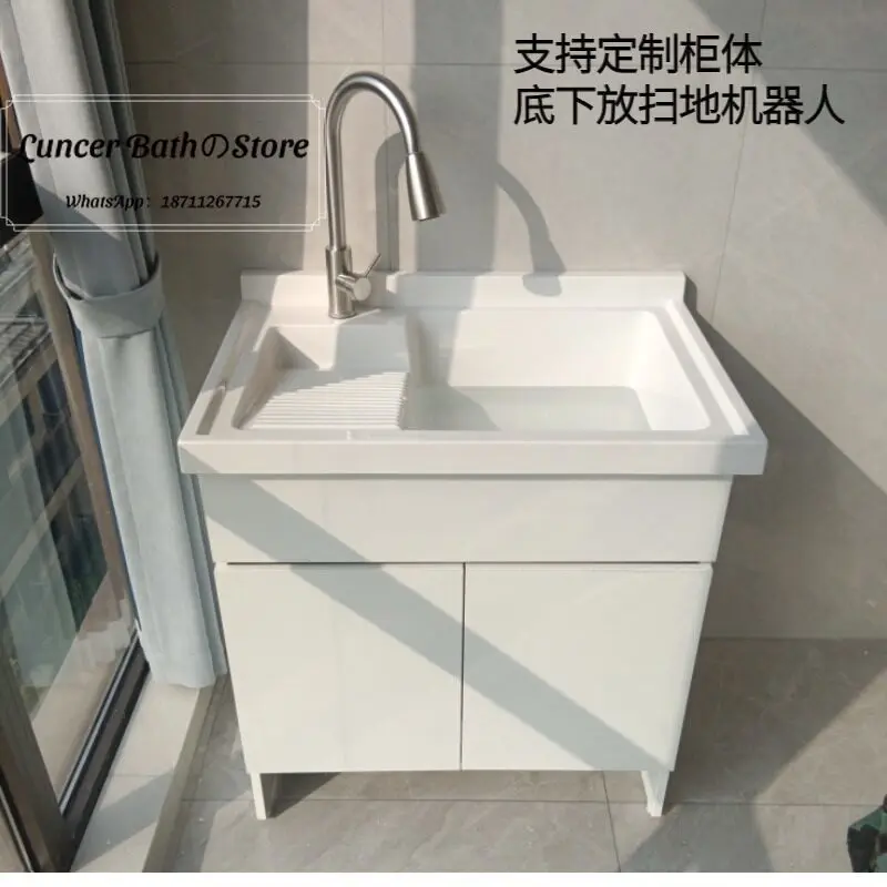 Space Aluminum Balcony Laundry Sink Combo, Flip Top Washing Machine Stand with Basin, Hand Wash Sink with Scrubbing Board