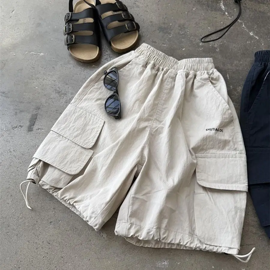 Boys 2026 Summer Fashion New Drawstring Multi-Pocket Cargo Mid-Length Pants Childrens Trendy Stylish Skateboard Pants