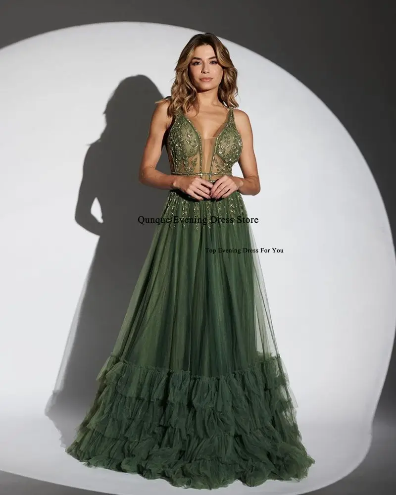 Qunque Sexy Deep V-neck Prom Dresses Tiered Floor-Length Elegant Formal Party Evening Gown Customized Lace Beaded فساتين السهرة