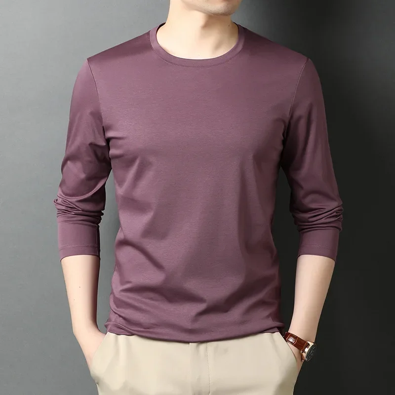 Liquid Ammonia Non-ironing Double-sided Mercerized Cotton Leisure Round Neck Long Sleeve T-shirt Slim Solid Color Thin Shirt