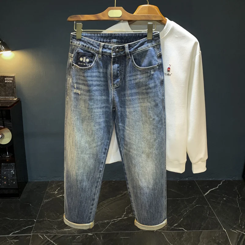 Jeans larghi taglie forti da uomo, design a gamba dritta lavato retrò, pantaloni da uomo di nuova tendenza della moda autunnale 2025