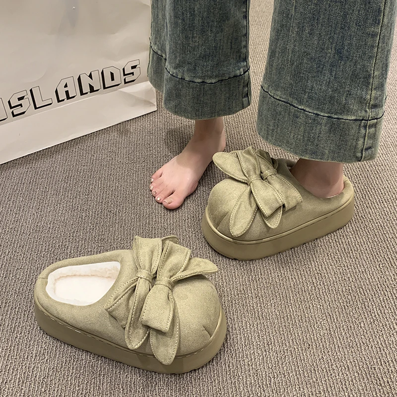 Pantofole alla moda da donna con suola spessa, a forma di fiocco, in pile, calde, alla moda, versatili, comode, antiscivolo e traspiranti