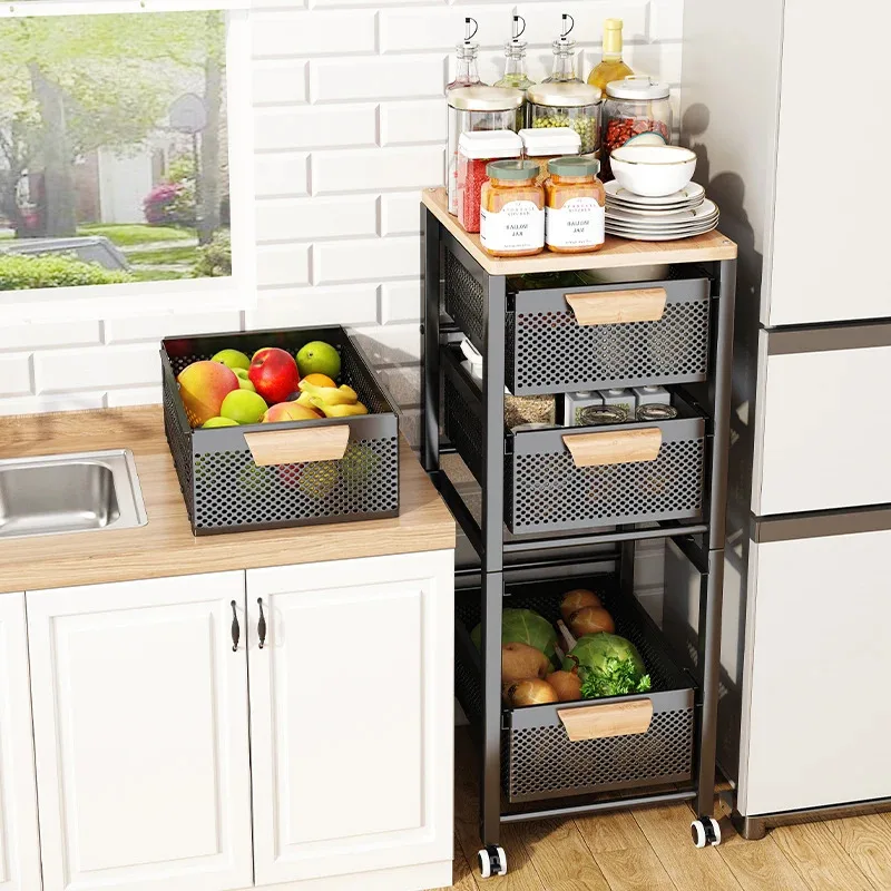 Fruits Vegetables Storage Cart Multifunctional Storage Cabinet Floor Narrow Seam Storage Baskets Pull-out Type Kitchen Furniture