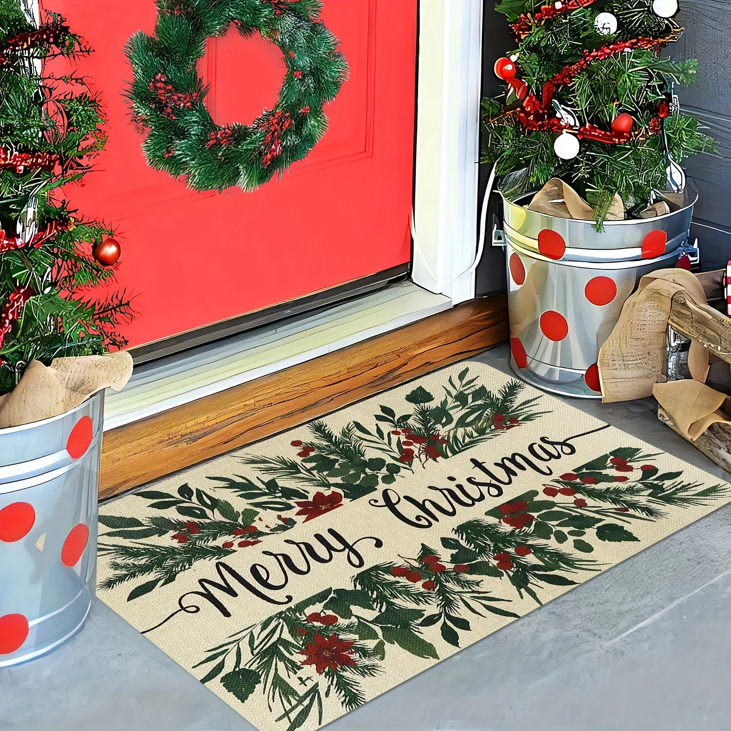 A Christmas-Themed Welcome Mat Featuring Holly Berry Patterns, Designed to Be Larger And Thicker, Machine Washable - Suitable