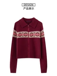 PUWD Women Sweater 2023 Winter Fashion Ladies Casual Lapel Knitted Zipper Long Sleeves Red Sweater For Women's Outwears