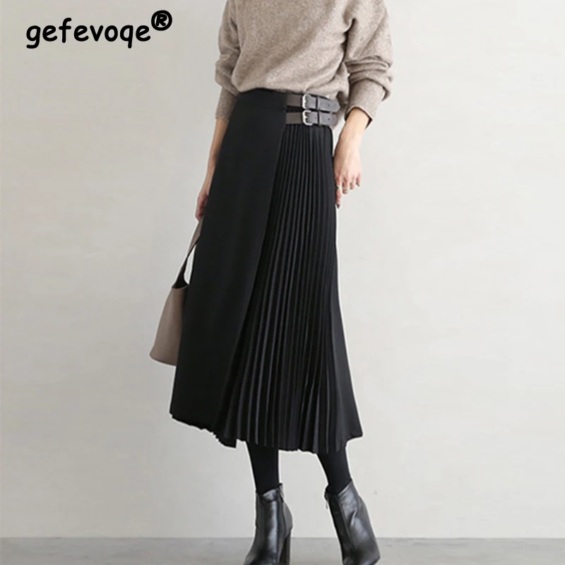 

Autumn Winter Korean Style High Waist Elegant Fashion Pleated Skirt Women Temperament All-match Chiffon Skirts Female Clothes