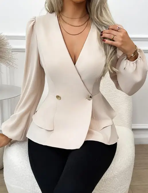 

Women's Spring/summer 2026 Cross Neck Lotus Leaf Bottom Solid Color Long Sleeve Top Business Fashion V-Neck Lantern Sleeve Shirt