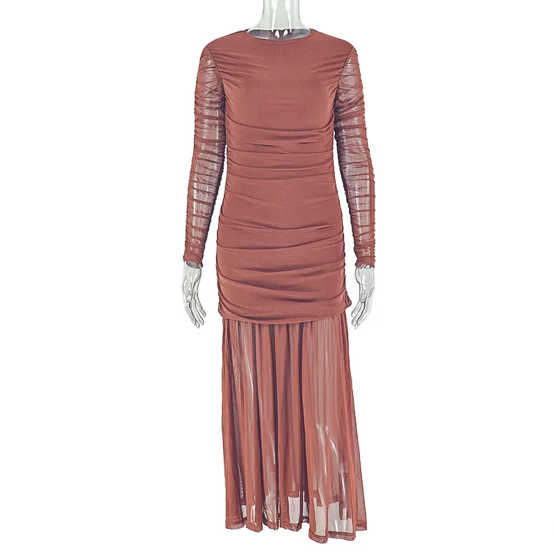 STIJLVOLLE DAME Gedrapeerde Geplooide Maxi Jurk 2025 Herfst Vrouwen Lange Mouw O Hals Bodycon Sexy Club Party Vestidos De Festa