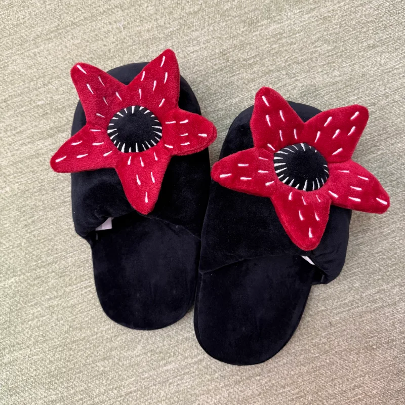 Curious Things Flower Plush Slippers, Unisex Winter Warm Indoor Slippers, Popular Cartoon Horror Red Design Simple Festival Gift