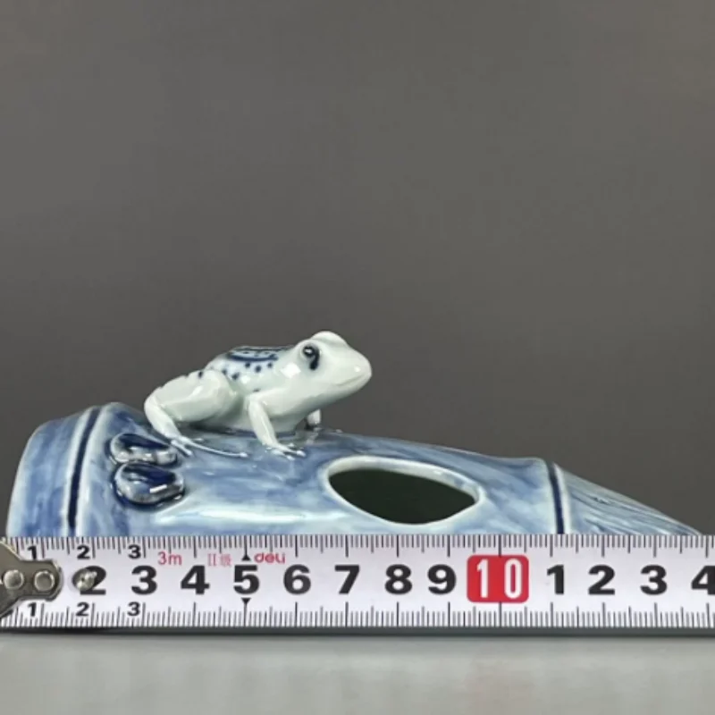 Antique Ceramic Blue and White Frog Statue Washed Inkstone Stationery Supplies Home Study Chinese Style Decoration