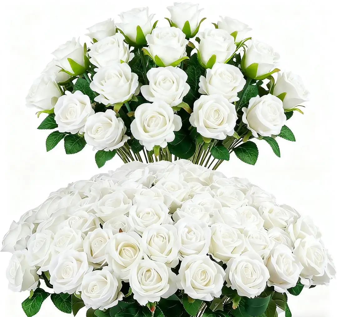 

60PCS White Velvet Silk Artificial Roses, Realistic Fake Flowers No Wilt, for Wedding Centerpieces, Bridal Bouquets & Home Decor