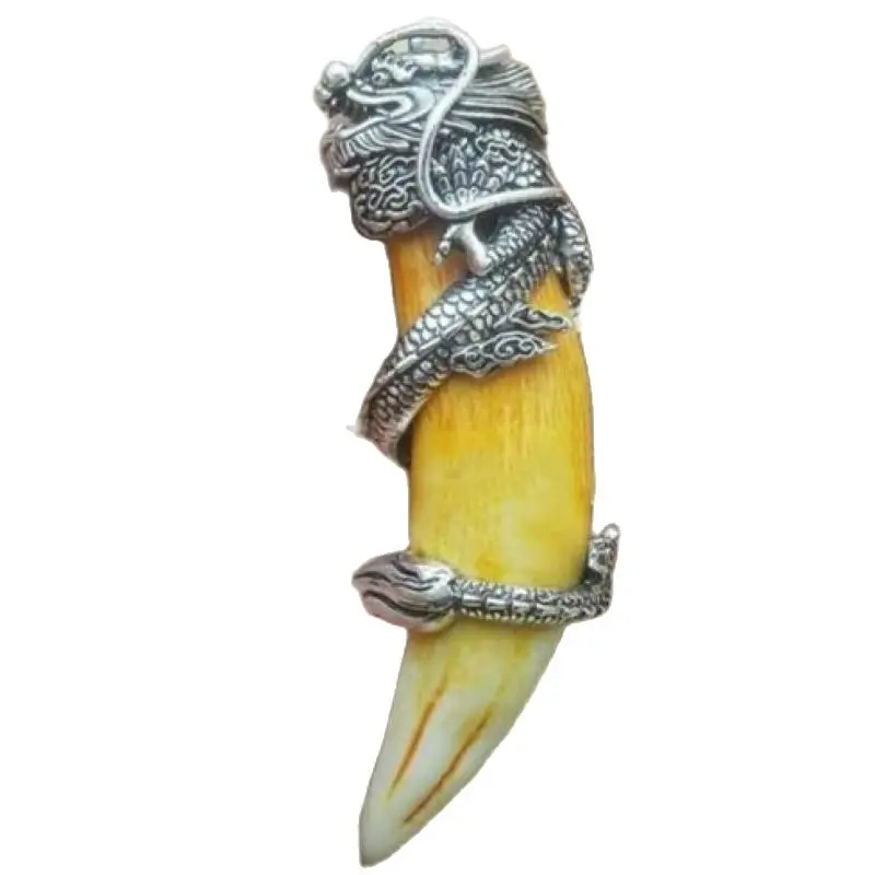 Chinese Boars Antique Tooth Wild Hog Silver Dragon Protective Talisman Pendant