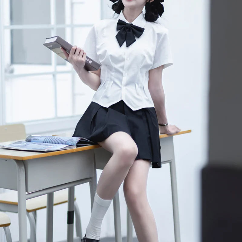 Uniforme japonais JK style Preppy pour filles, ensemble jupe plissée noire à manches courtes longues, document solide, blanc, été et automne, nouveau, 2024