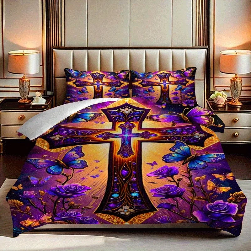 2/3pcs Purple Rose and Cross Butterfly Printed Quilt Cover Set, HD Digital Printed Quilt Cover Set Contains Quilt Cover
