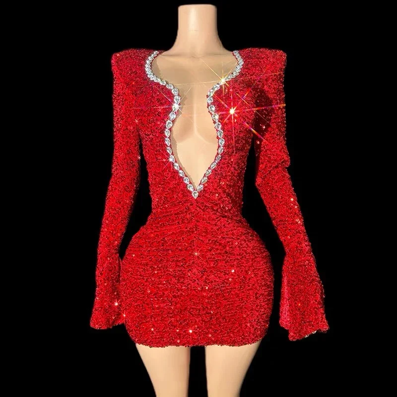 فستان نسائي أحمر بالترتر للحفلات ، أزياء احتفالية ، فستان سهرة ، بار ، دي جي ، دي جي ، مسرح ، جاز ، ملابس رقص ، XS8159 ، 4 ألوان