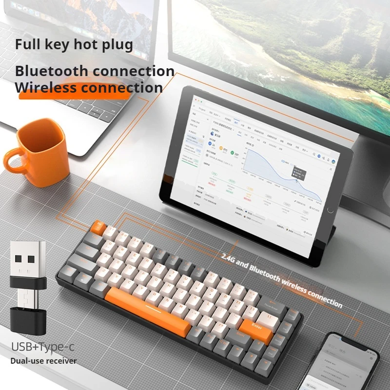 Free Wolf K68 Mechanical Keyboard Bluetooth Wireless Dual-Mode Customized Color Blocking Game Hot Swappable Laptop Keyboard