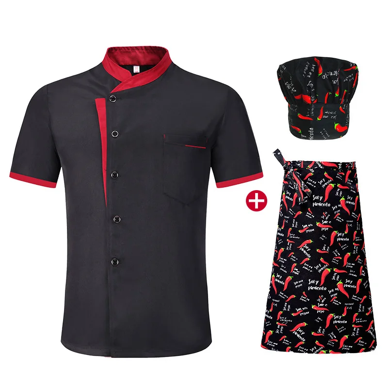 Conjunto de Chefs de manga corta para hombre y mujer, ropa de trabajo para restaurante, Hotel, cocina, chaqueta de Chef fina transpirable, delantal, abrigo de chef con sombrero