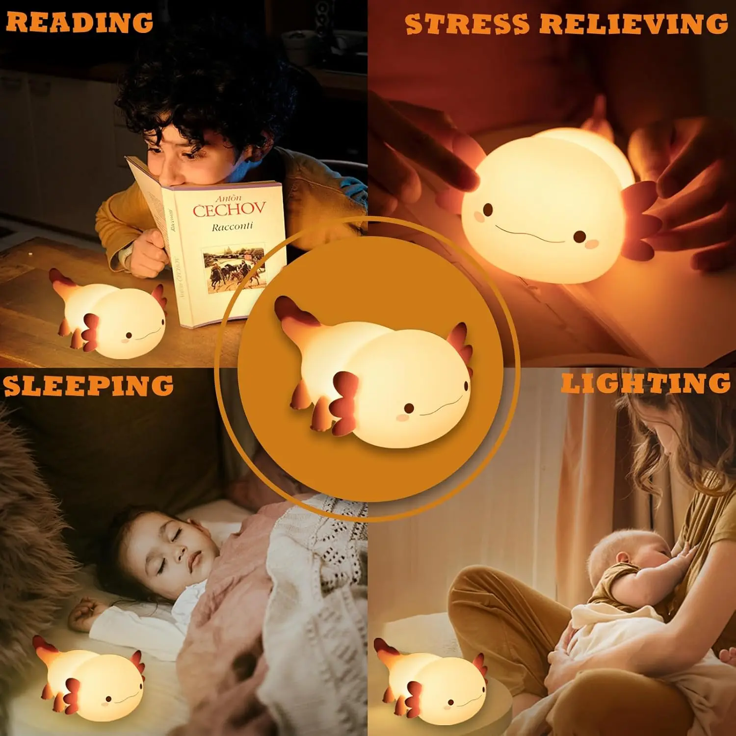 Axolotl Night Light Silicone Nursery Sleeping Lamp Touch Control Nightlights USB Rechargeable Cute Table Lamp for Baby Child