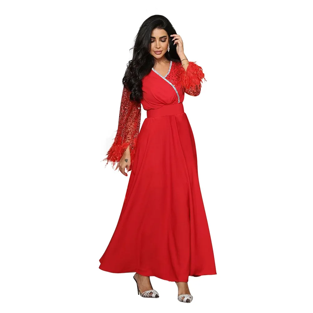 Muslim Middle East Dubai Arabian Women's Clothing Sequin Splicing Strip Feather Robe Dress Abaya