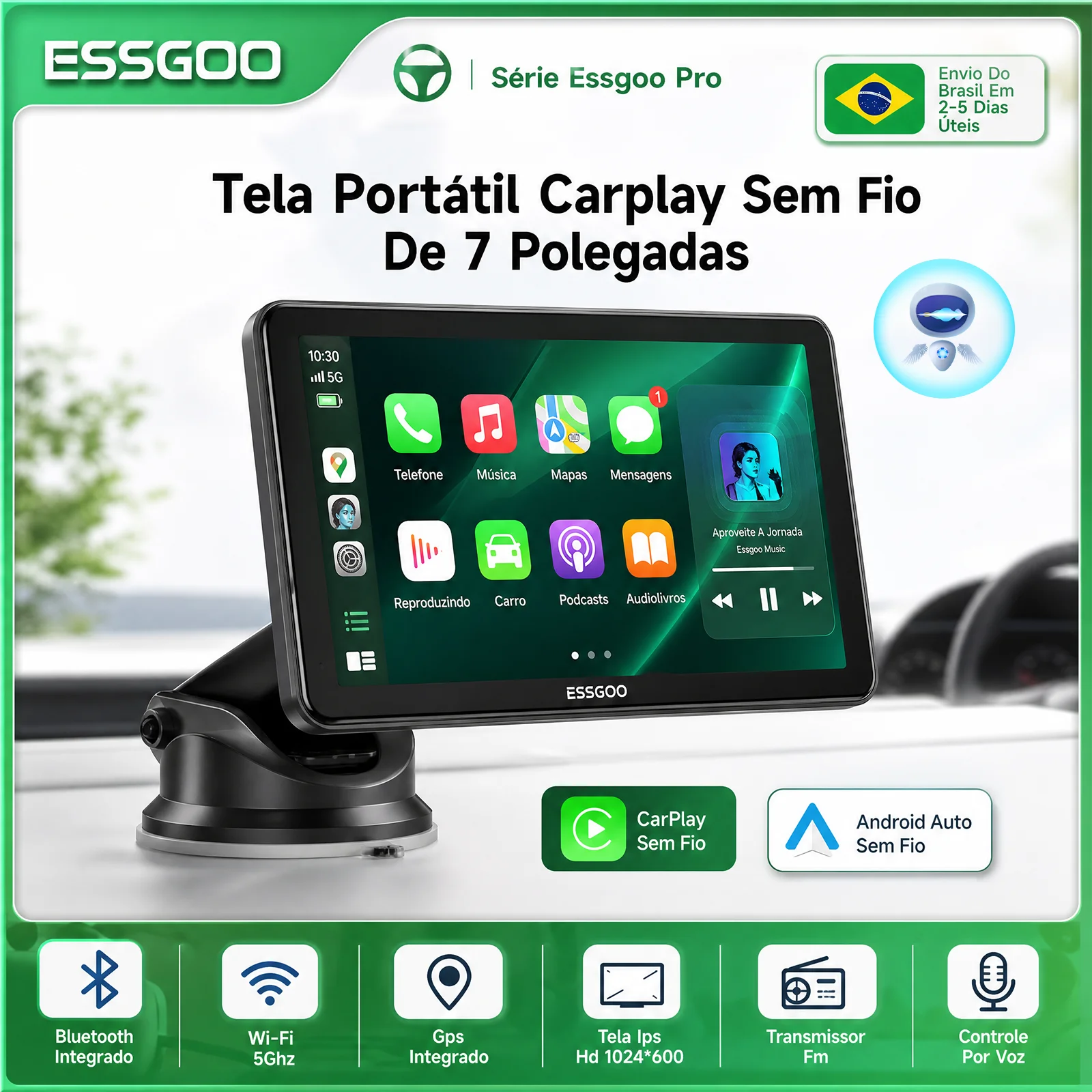 ESSGOO Tela Portátil Universal de 7" Sem Fio CarPlay Câmera de Ré HD Rádio DVR MP5 Leitor Multimídia para Carro Android Auto