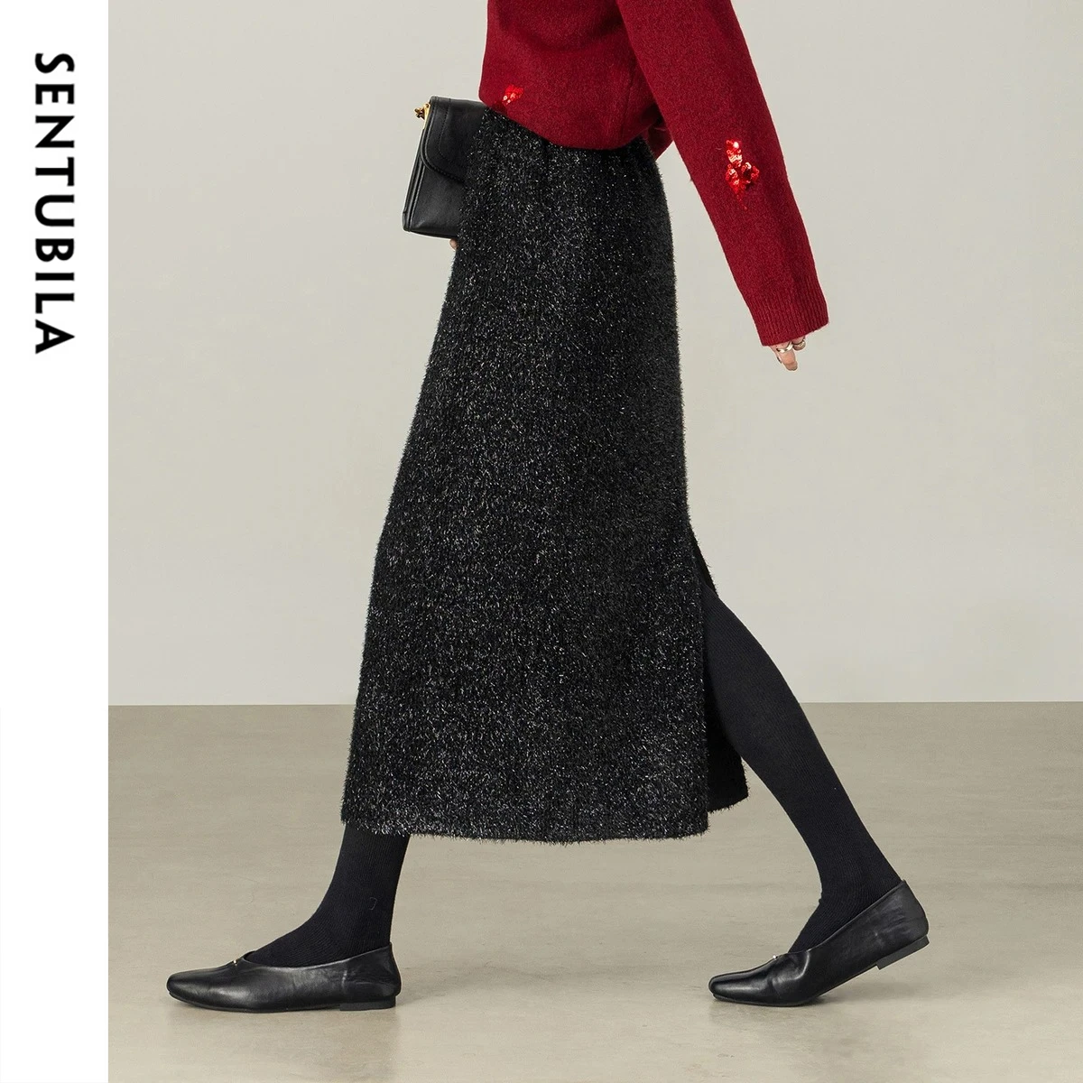 

SENTUBILA Women's Bright Silk Black Skirt 2025 Autumn Winter Elegant High Waist Stretch Woolen Straight Long Skirt 154QF3748