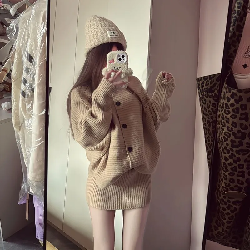 Women New 2026 Korean Daughter Knitted Suit Korean Version Casual Cardigan Slim Turtleneck Long-sleeved Top Skirt Two-piece Set