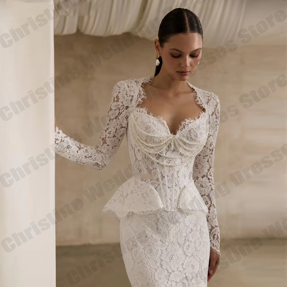 Wunderschöne Brautkleider aus Spitze für Damen, elegante Meerjungfrauen-Prinzessinnen-Hochzeitskleider mit langen Ärmeln, formelle Party-Robe De Mariée, individuell gestaltet