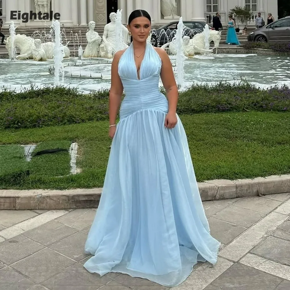 

Eightale Arabic Evening Dress Halter Pleats Crepe Customized Light Blue Muslim A-Line Prom Wedding Party Gown