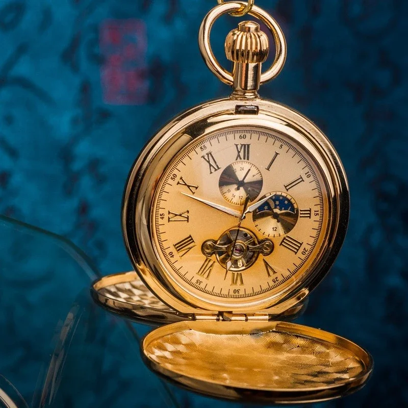 ساعة جيب مزدوجة مفتوحة من النحاس النقي، ميكانيكية كلاسيكية يدوية للرجال، حروف تذكارية لصور القرون الوسطى #5
