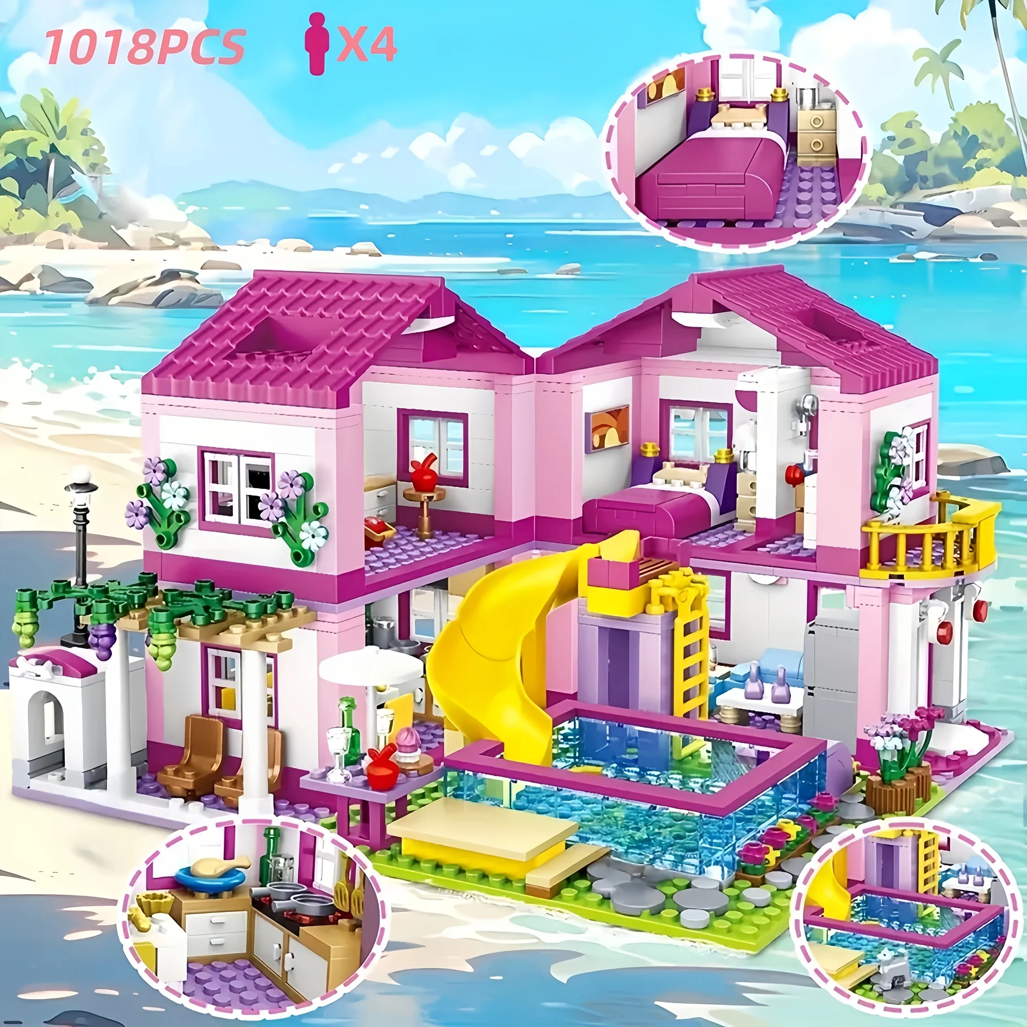 ตัวต่อโมเดลบ้านวิวเมือง 1018 ชิ้น รุ่นวิลล่าพักผ่อนฤดูร้อน ปราสาท พร้อมสระว่ายน้ำ ของเล่นตัวต่อ DIY สำหรับเด็กผู้หญิง ของขวัญคริสต์มาส