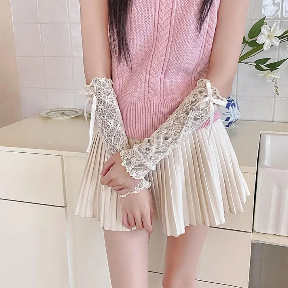 Lolita Jk Lace Fingerless Gloves Ballet Style White Lace Sleeves Women's Thin Summer Sunscreen Gloves Y2K Girl Bow Mesh Gloves