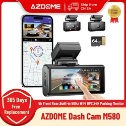 AZDOME M580 Dash Cam 5k cámara delantera trasera para coche incorporado 5GHz WiFi GPS 4 