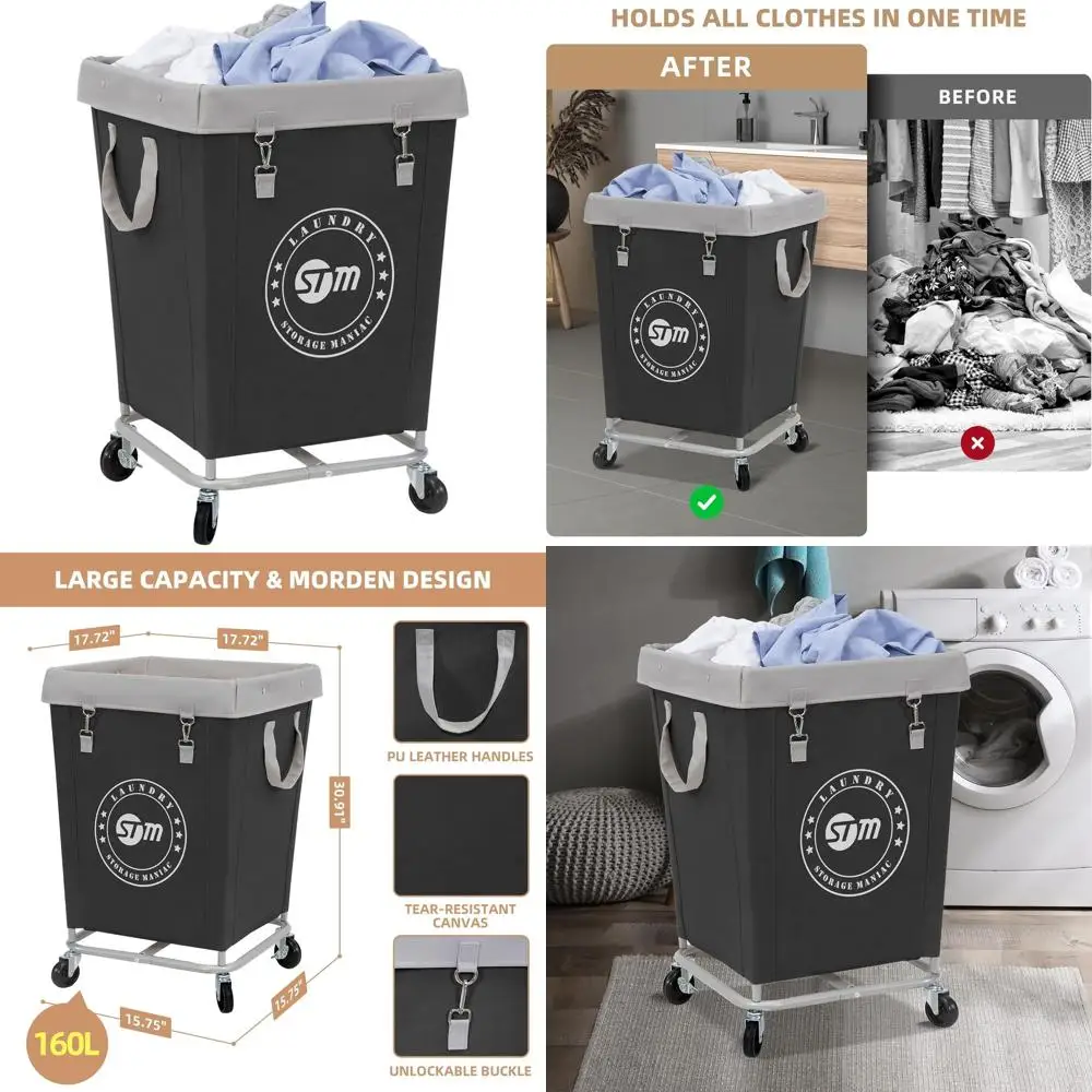 

Industrial-Sized Steel Laundry Hamper Cart, 160L Capacity, with Wheels, Suitable for Home and Hotel, 17.72 x 17.72 x 30.91, Medi