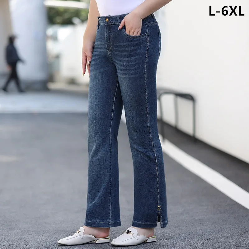 

Women Jeans Flare Trousers Elastic Cotton Elegant Female Plus Size 100KG 5XL 6XL Slim Fit Girls Fashion Lady Office Denim Pants