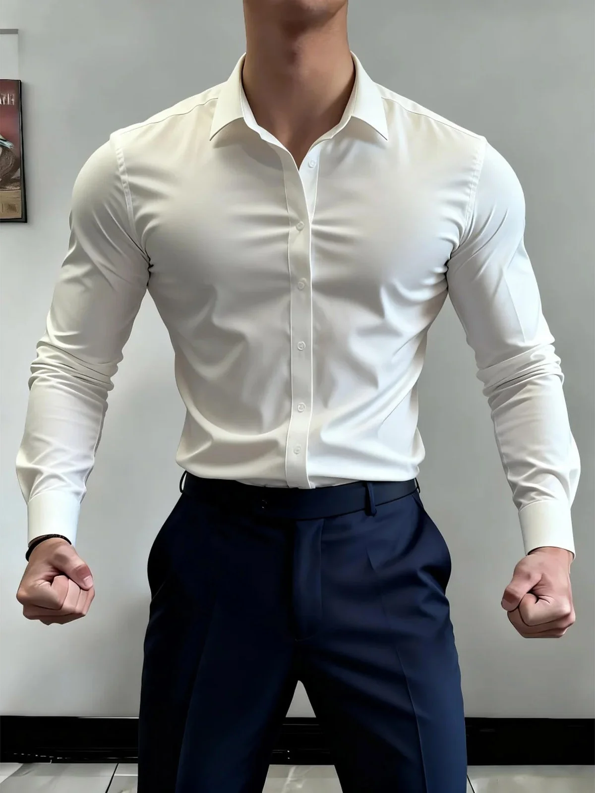 British Style Slim Fit Muscle Enhancing White Long Sleeve Shirt Men's Fashion Advanced Drape Collar Youthful Autumn Wear