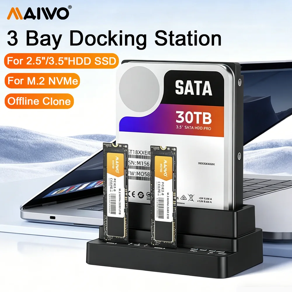 MAIWO 3 Bay M.2 NVME SSD Docking Station & 2.5 3.5 Inch SATA HDD Enclosure Offline Clone 10Gbps Support 30TB/8TB Adapter for PC