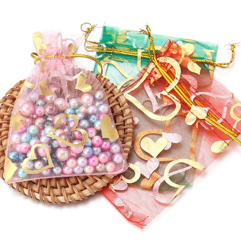 

10pcs/lot Drawstring Organza Gift Bag Heart Pattern Jewelry Bags Jewelry Packaging Bag For Wedding Party Jewelry Gift Storage