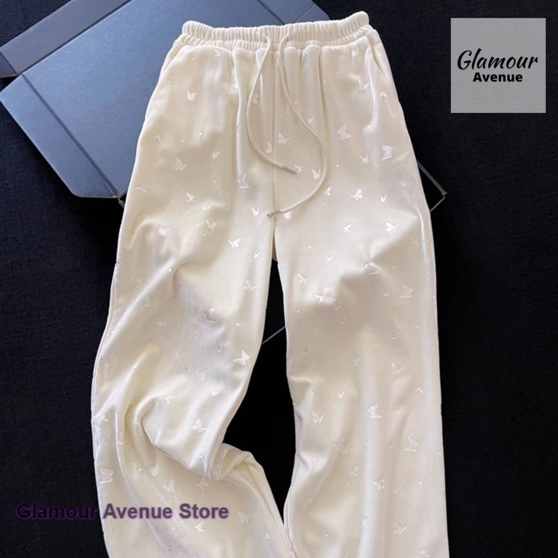 Korean beige butterfly hot velvet wide-leg pants women's autumn and winter design feeling lazy loose casual straight pants