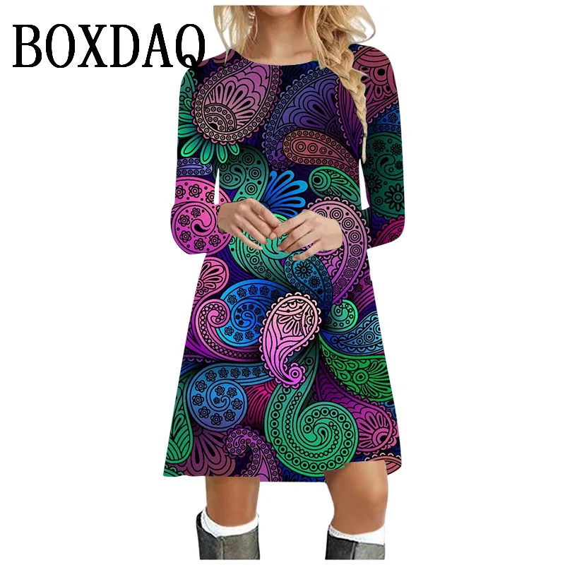 2024 Herbst Winter Kleider Damen Boho Muster Druck Vintage Kleid Langarm übergroße Kleidung lose lässige O-Ausschnitt Mini kleid