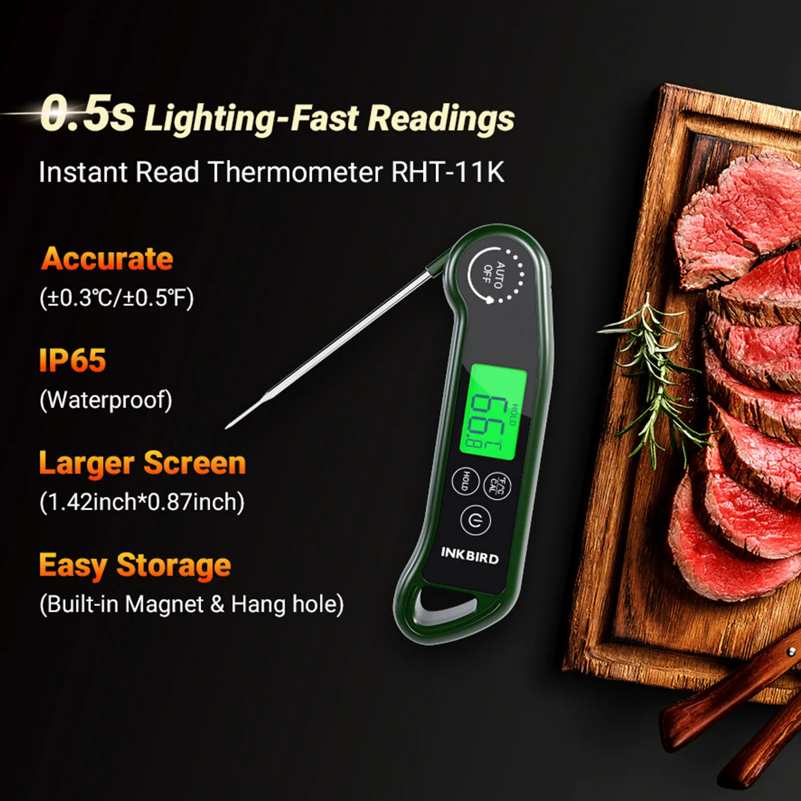 

INKBIRD RHT-11K Portable BBQ Thermometer IPX5 Fast Reading Food Thermometer with Backlit LCD for Cooking,Deep Frying,Baking