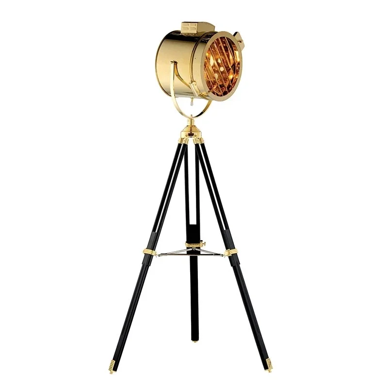 Retro Studio Tripod Floor Lamp, Silver Gold Industry Floor Lights, Wooden Corner Standing Lamps, Iluminação interior da sala de estar