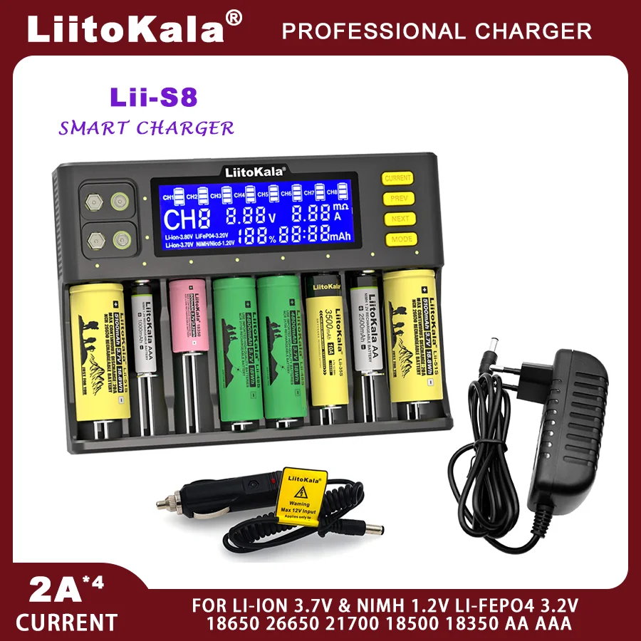 

LiitoKala Lii-S8 LCD 18650 Li-ion 3.7V NiMH 1.2V Li-FePO4 3.2V IMR 3.8V For 26650 21700 26700 18350 AA AAA 9V Battery Charger