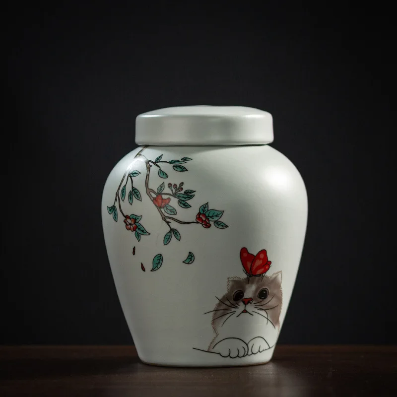 

Hand Painted Ceramic Sealed Pet Memorial Urn, Cute Cat Funeral Urn, Home Placement, Pet Supplies, Capacity 520ml