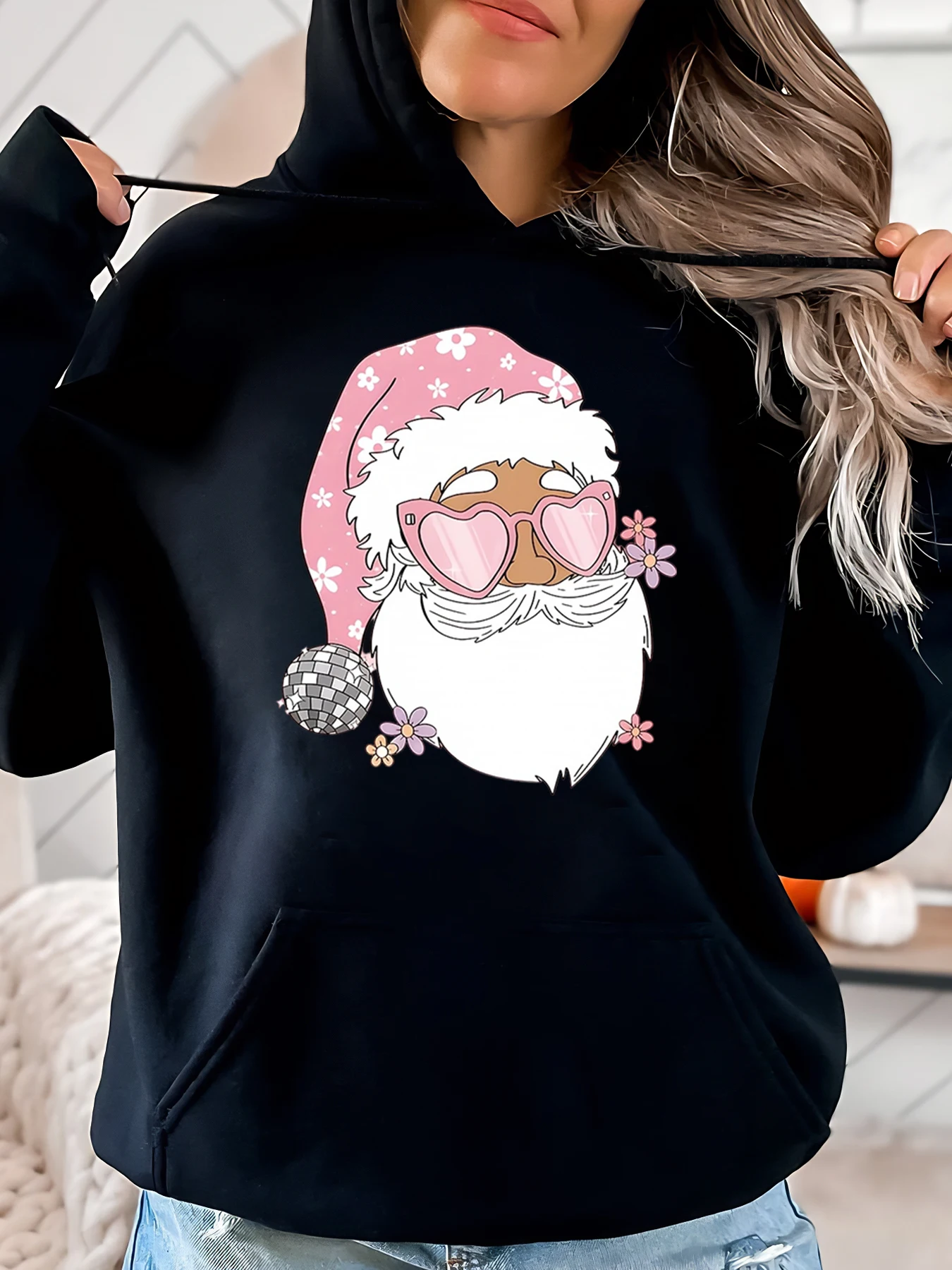 

Розовые очки с сердечками Санта-Клауса, рождественская толстовка с капюшоном, женская повседневная праздничная одежда, черный размер больших размеров