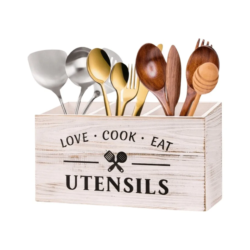 

Wooden Spoon Fork Storage Box Space Saving Large Capacity Utensil Storage Box with 3 Compartments Decorative Cutlery Organizer